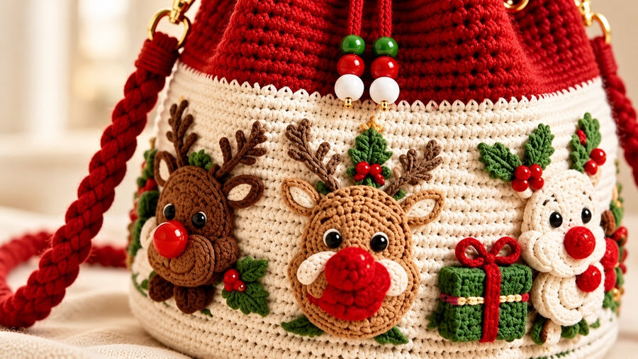 Close-up of Deer crochet motifs, textured stitches and beaded drawstrings