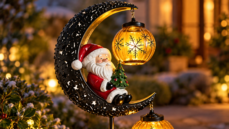 Craft Lovers Solar Santa Moon Garden Light — closeup, styled illustration