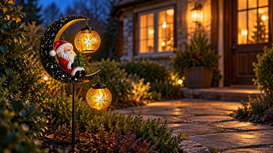 Craft Lovers Solar Santa Moon Garden Light — lifestyle, styled illustration