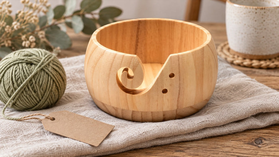 Bowl with separate yarn and blank gift tag; styled gift idea