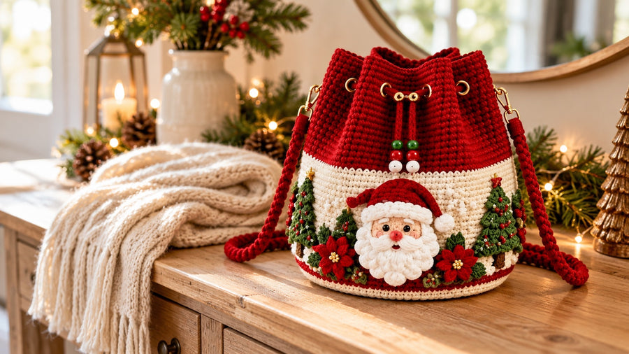 Santa Christmas crochet bucket bag in a cozy home — styled lifestyle image