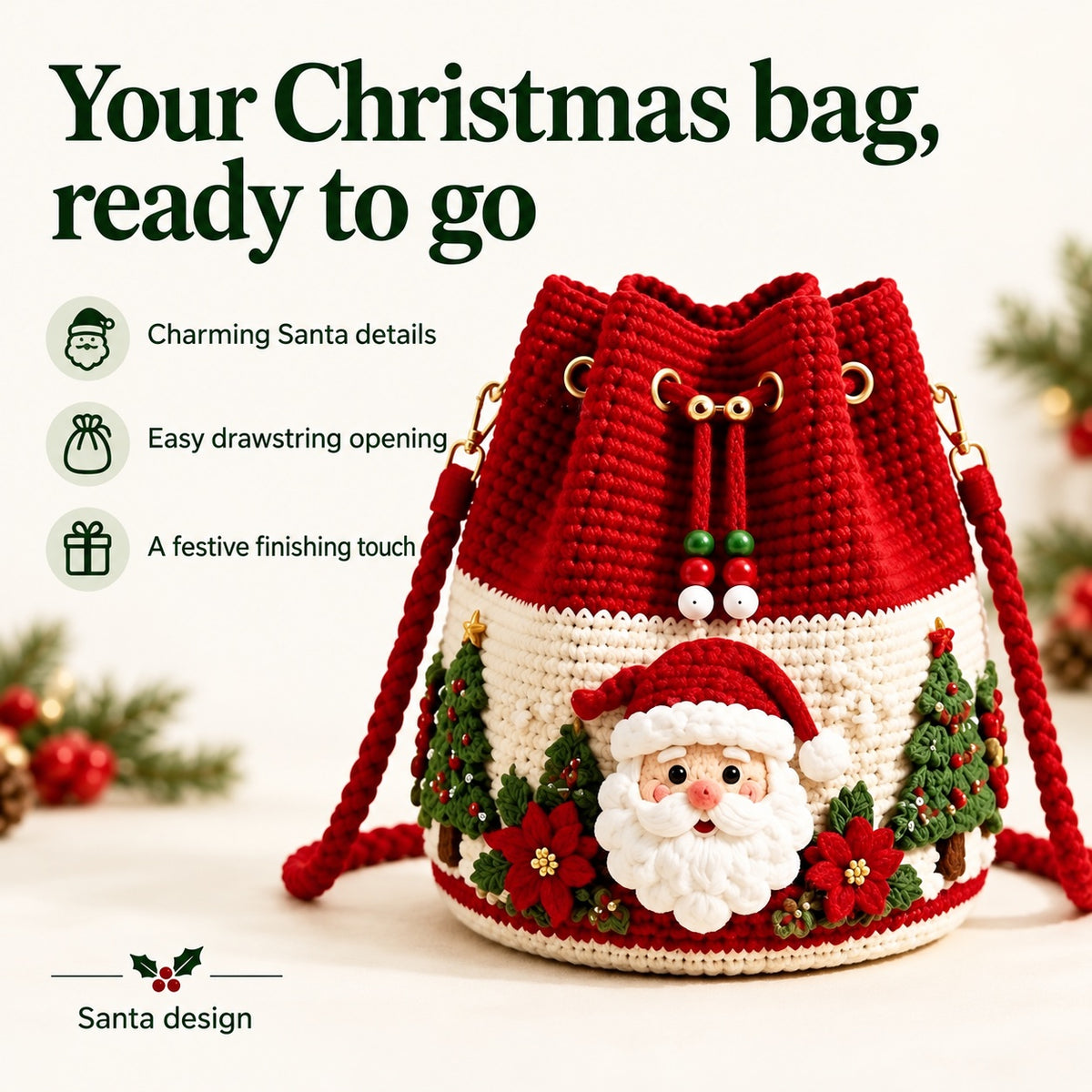 Santa design — charming details, drawstring opening and festive finishing touch
