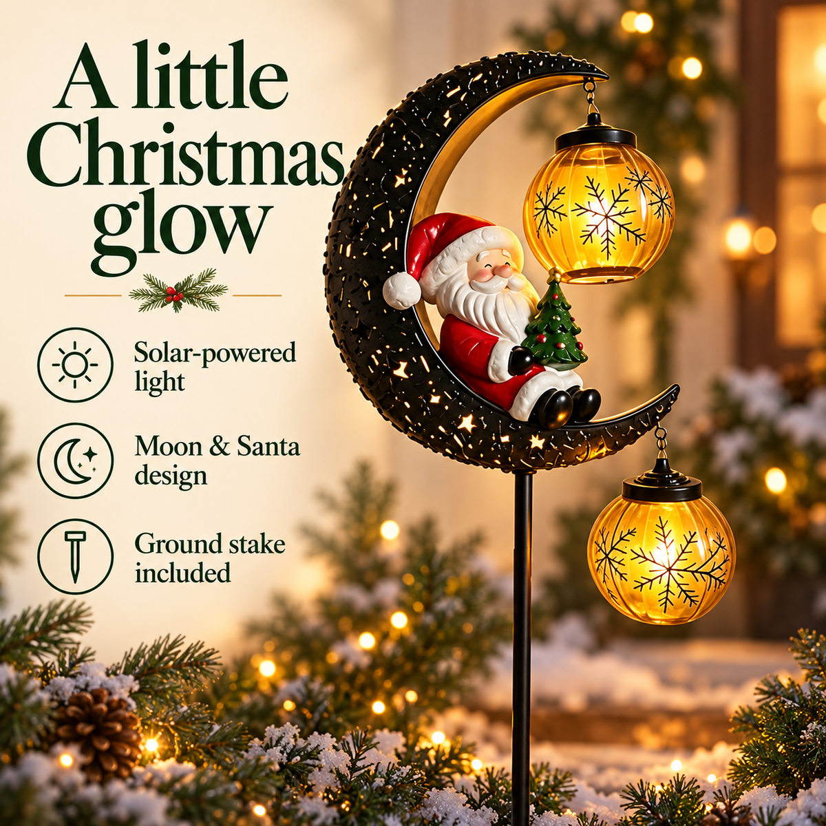 Craft Lovers Solar Santa Moon Garden Light — hero, styled illustration