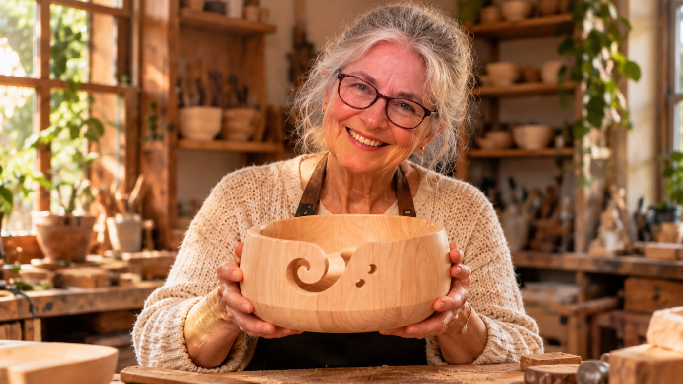 Woman holding a wooden yarn bowl in a sunlit workshop