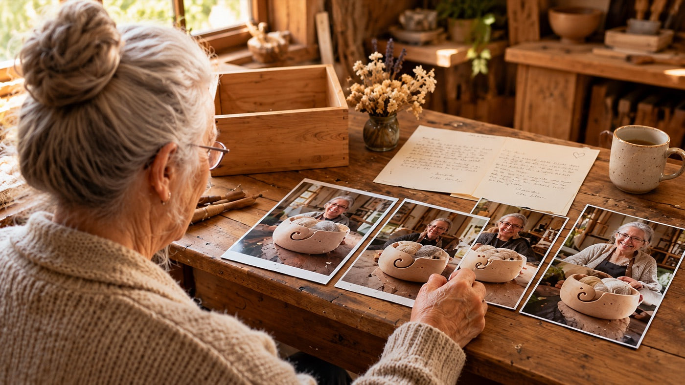 Woman looking at photographs and handwritten notes at a wooden workshop table