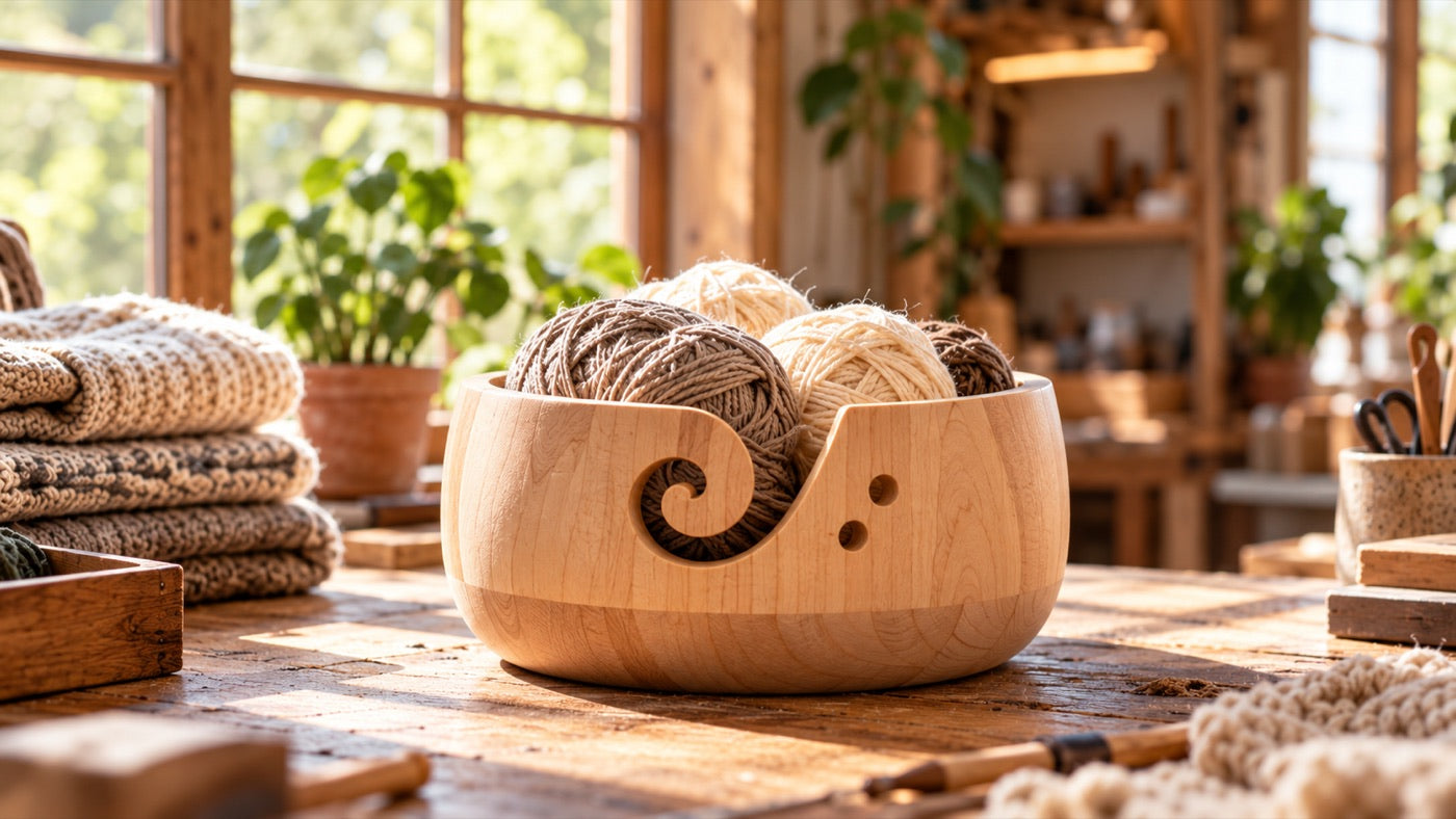 Wooden yarn bowl filled with neutral-colored yarn in a sunlit workshop
