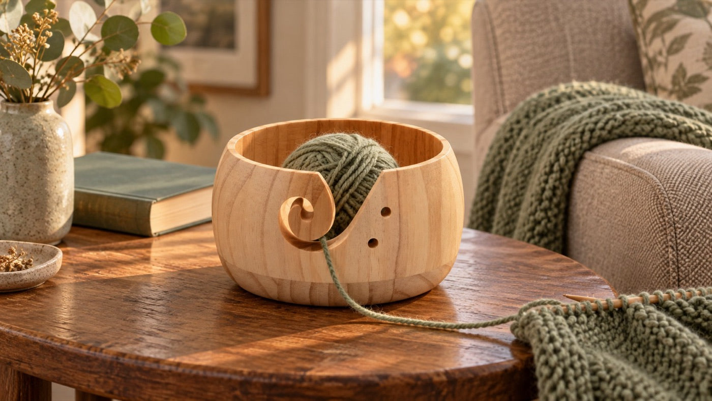 Wooden yarn bowl in a quiet sitting area; styled illustration