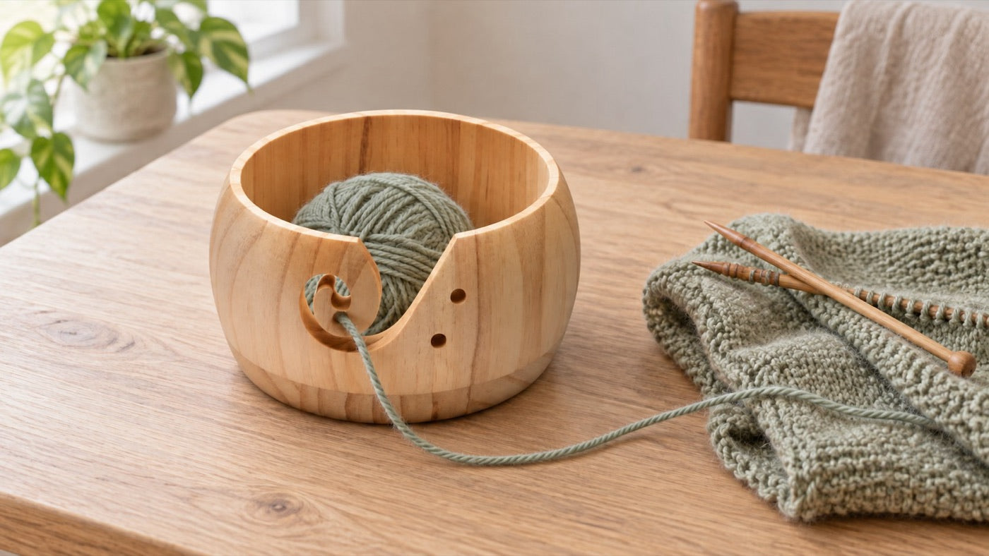 Yarn bowl beside a knitting project on a table; styled illustration